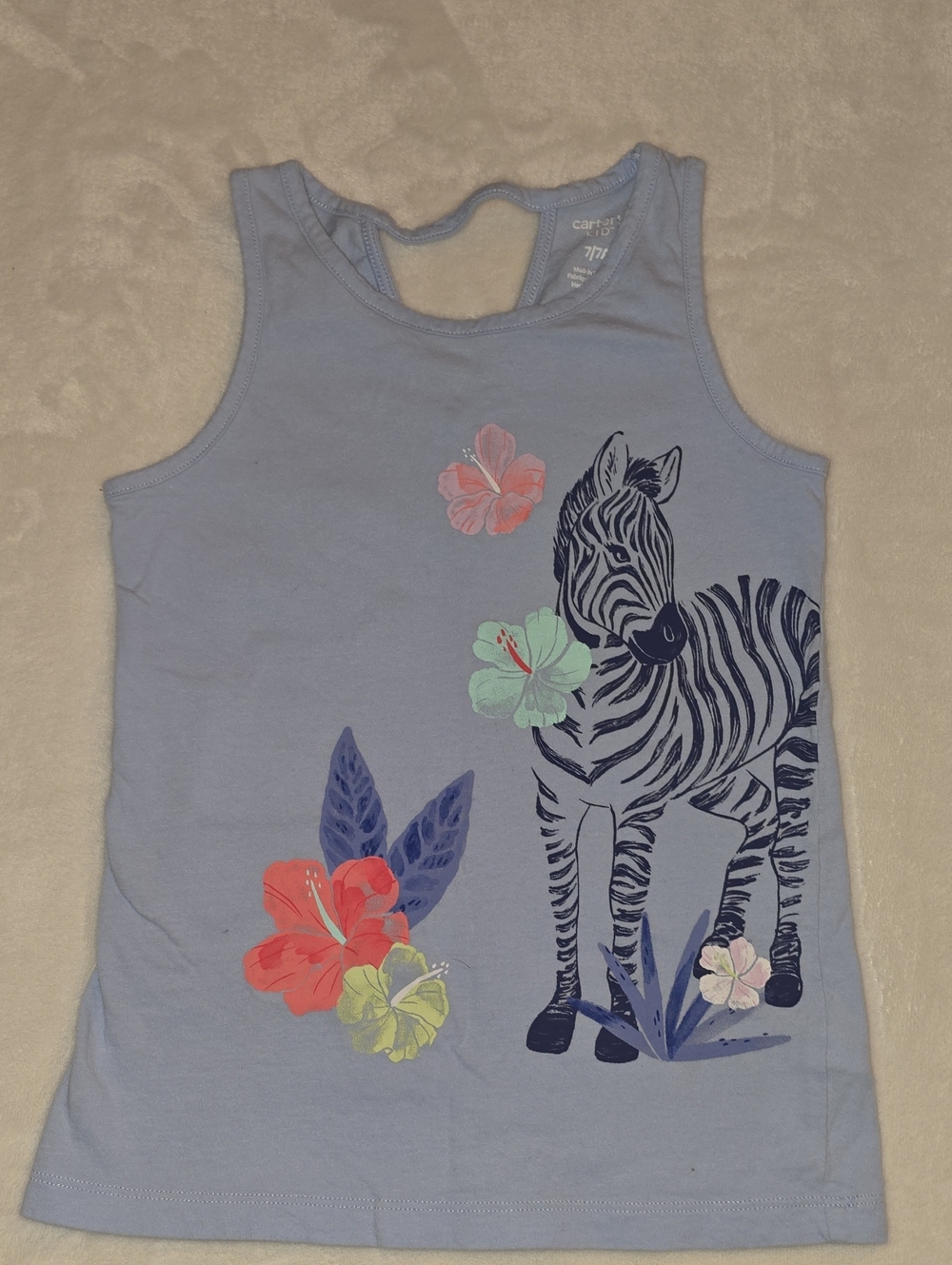 Carter's Light Blue Tank Top with Navy Zebra & Floral Accents